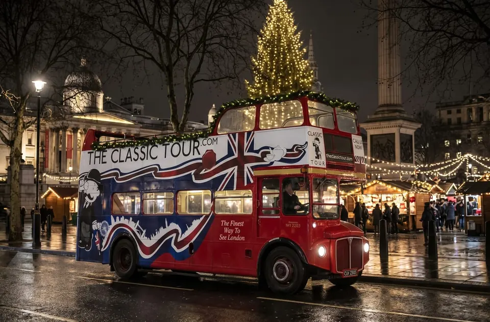 The Classic Tour vintage Routemaster beside a Christmas tree